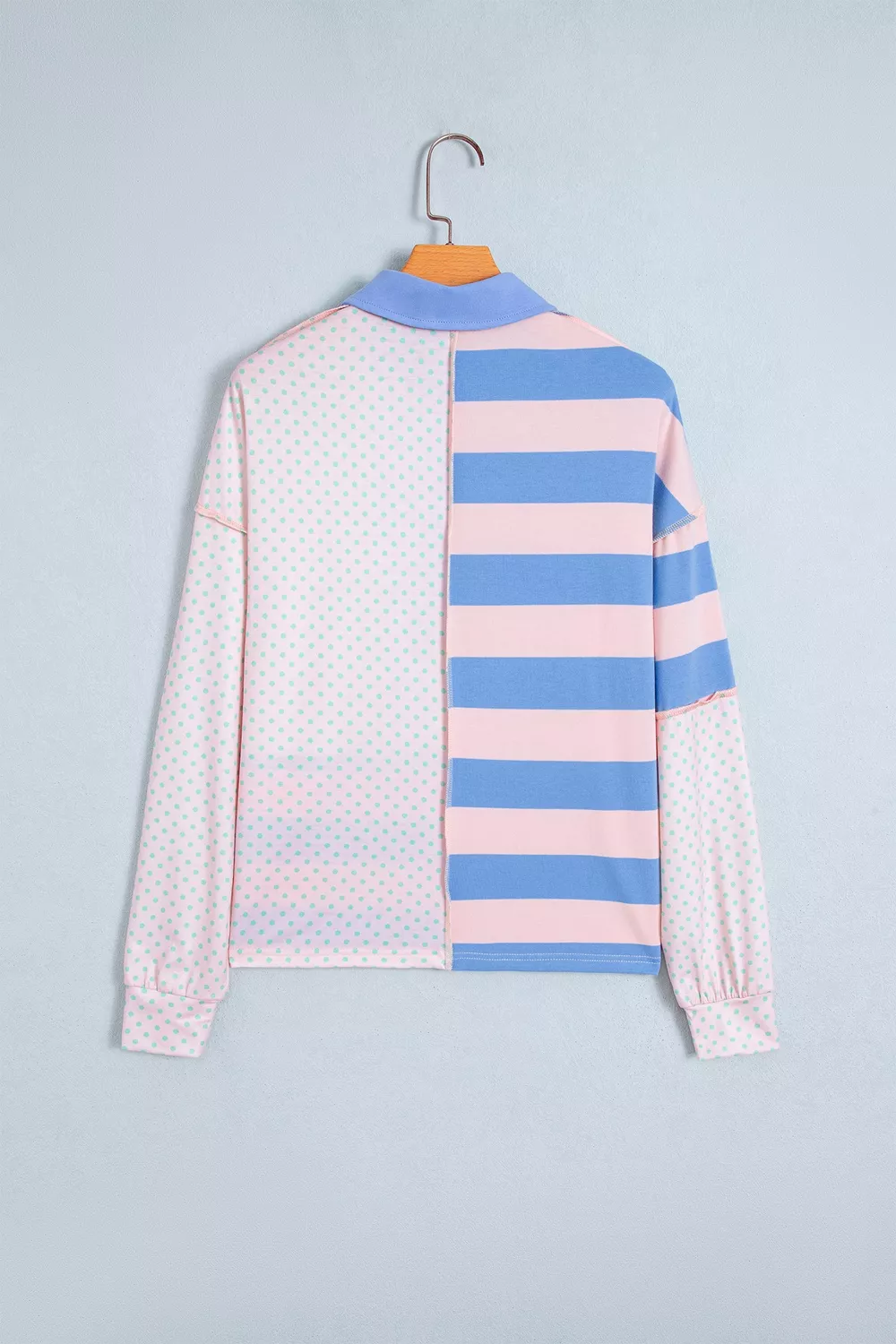 Striped Polka Dot Patchwork Polo Collar Long Sleeve Top, image 4