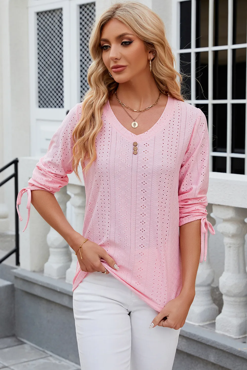 Eyelet Drawstring V-Neck Half Sleeve T-Shirt, image 3
