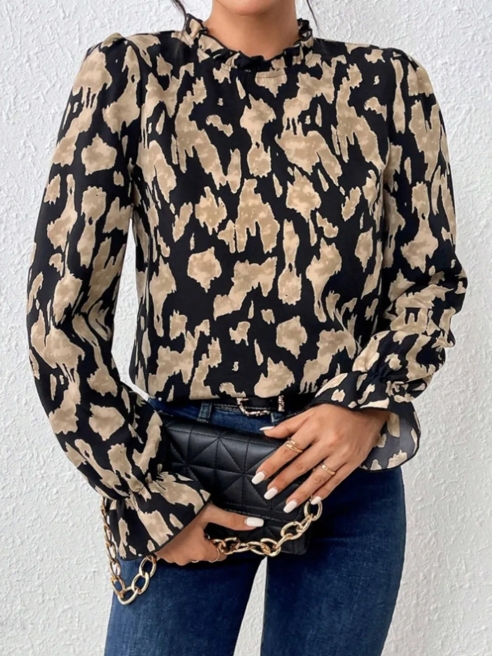 Frill Leopard Mock Neck Flounce Sleeve Blouse, image 2