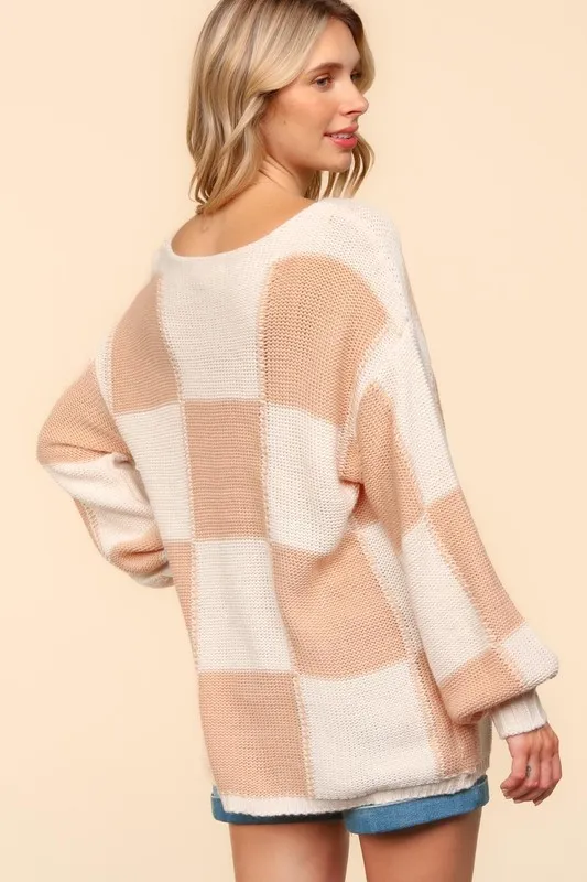 Full Size Checkered Round Neck Drop Shoulder Sweater, image 2