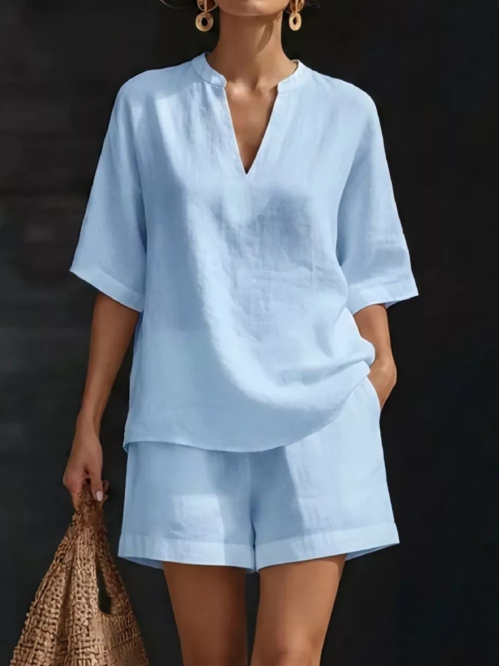 Full Size Notched Half Sleeve Top and Shorts Set Plus Size, image 4