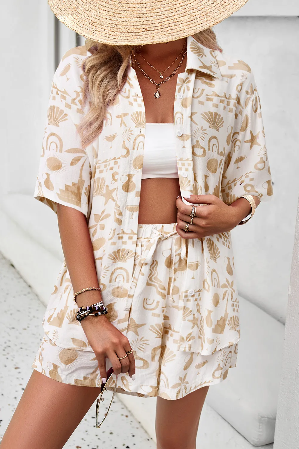 Printed Button Up Shirt and Shorts Set, image 14