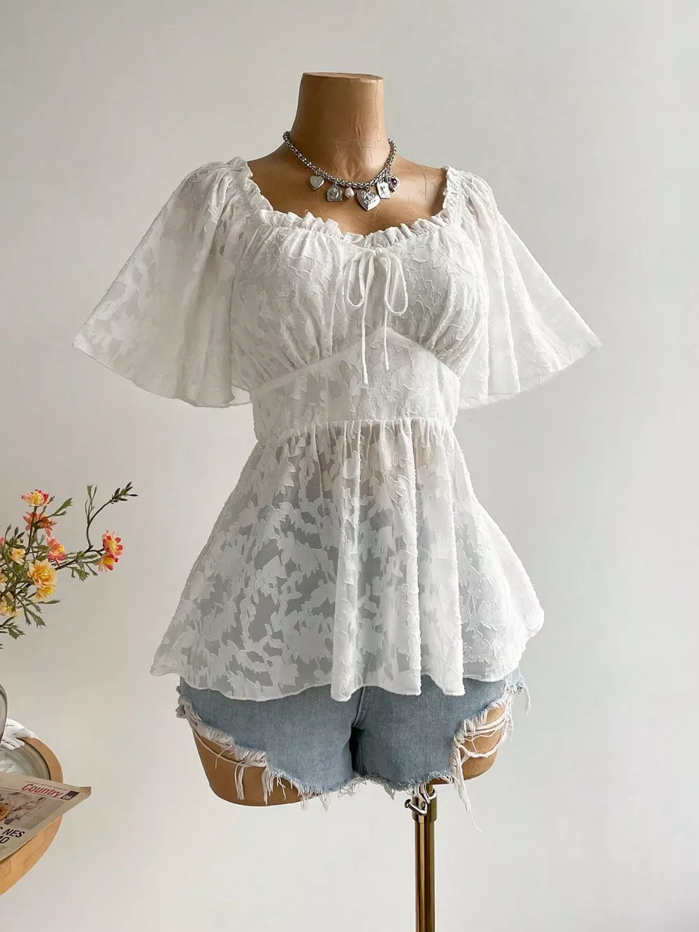 Plus Size Floral Flutter Sleeve Blouse with Smocked Back