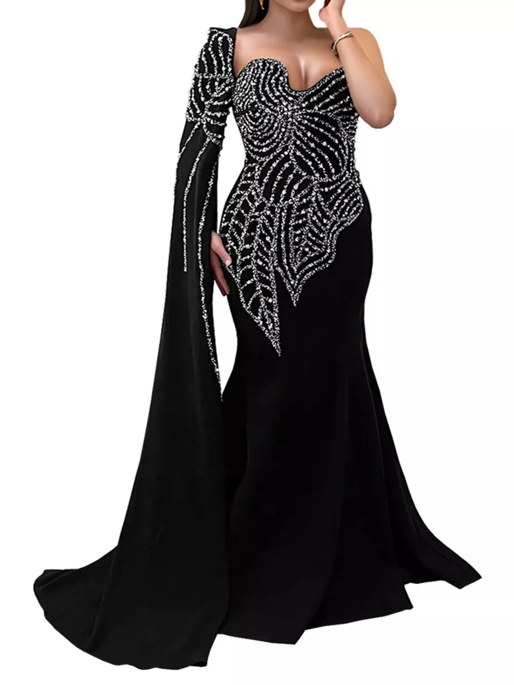 Rhinestone Pearl Detail One-Shoulder Mermaid Maxi Dress, image 3