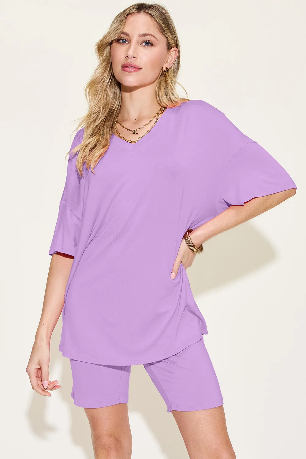 Bamboo Full Size V-Neck Drop Shoulder T-Shirt and Shorts Set, image 16