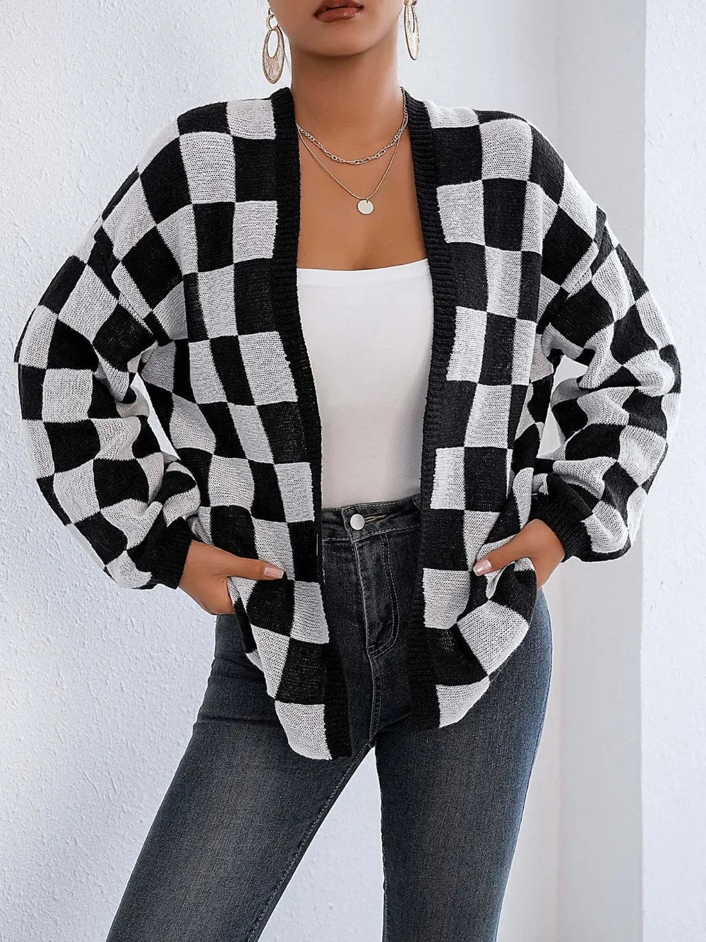 Checkered Open Front Long Sleeve Cardigan, image 5