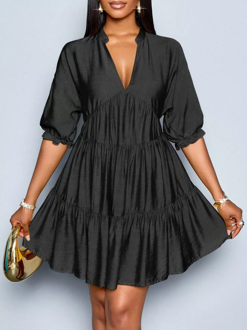 Notched Half Sleeve Tiered Dress, image 6