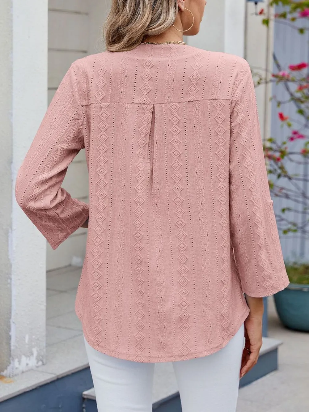 Eyelet Notched Roll-Tab Sleeve Top, image 12
