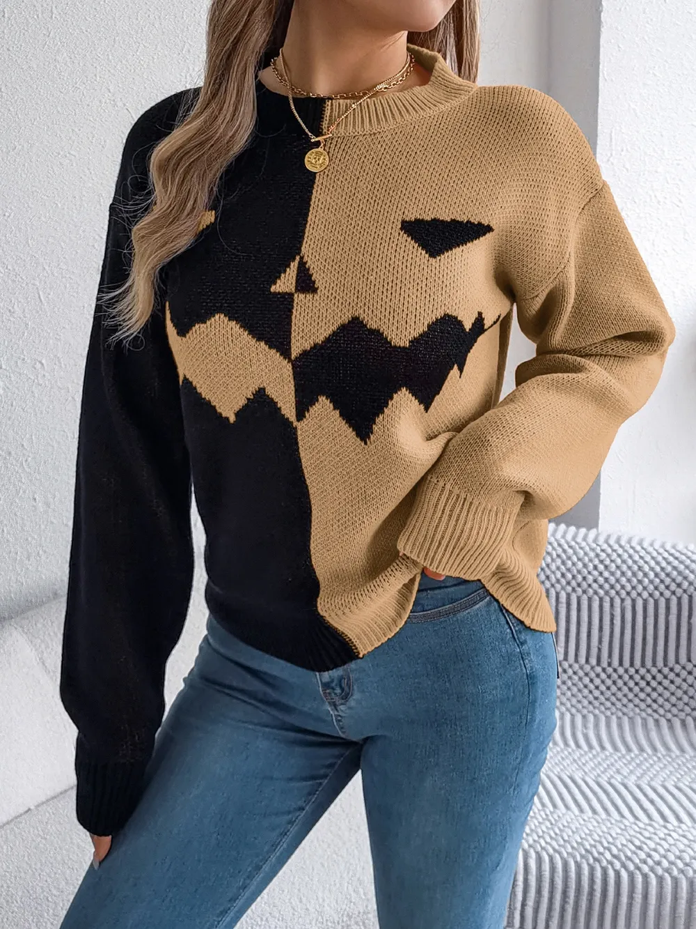 Contrast Round Neck Long Sleeve Sweater, image 9