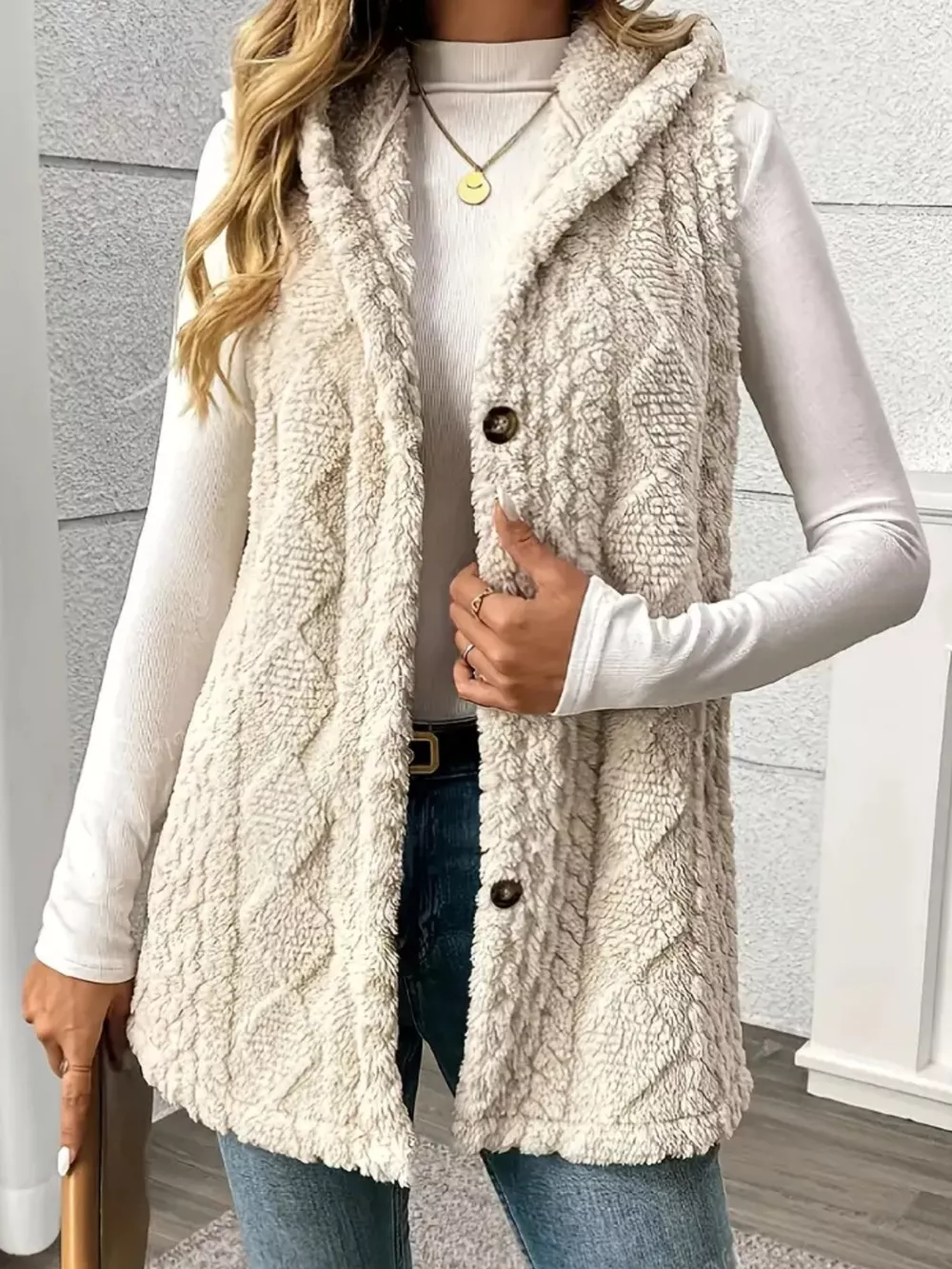 Hooded Button-Up Sherpa Vest Coat, image 10