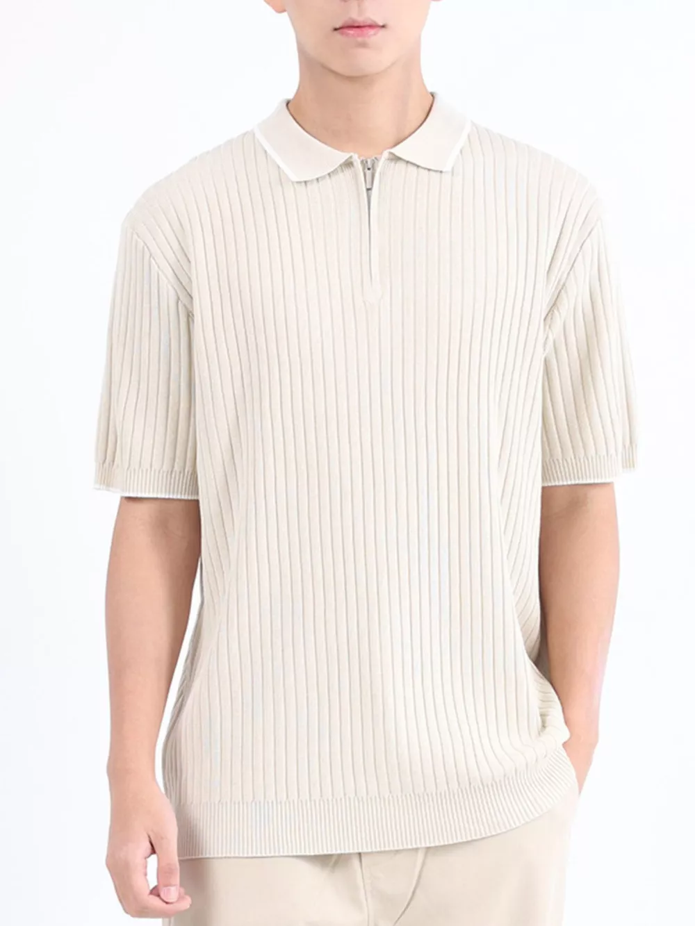 Men's Plus Size Ribbed Knit Zip-Up Polo