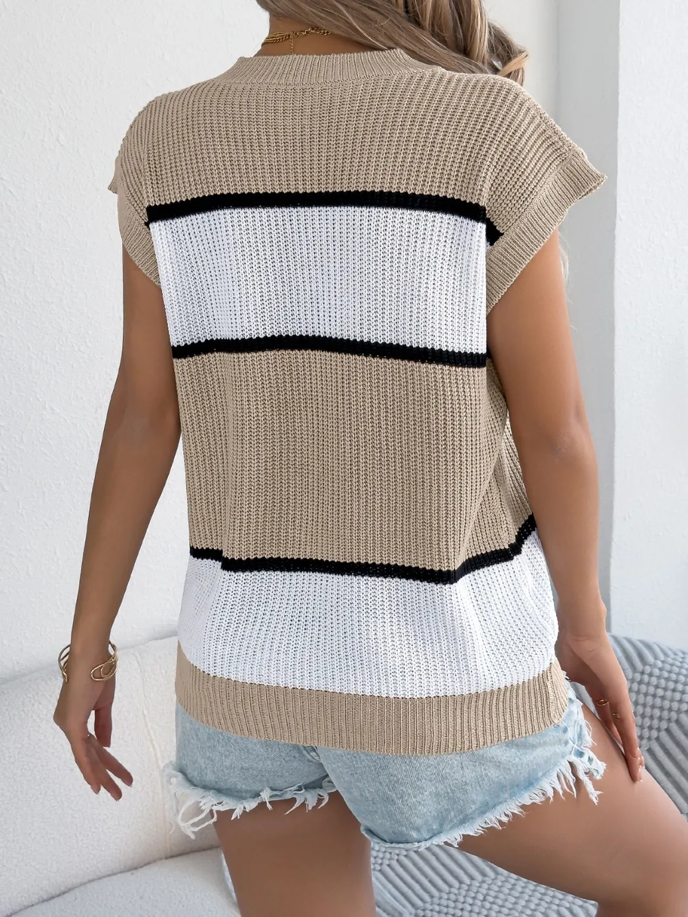 Color Block Round Neck Cap Sleeve Knit Top, image 7