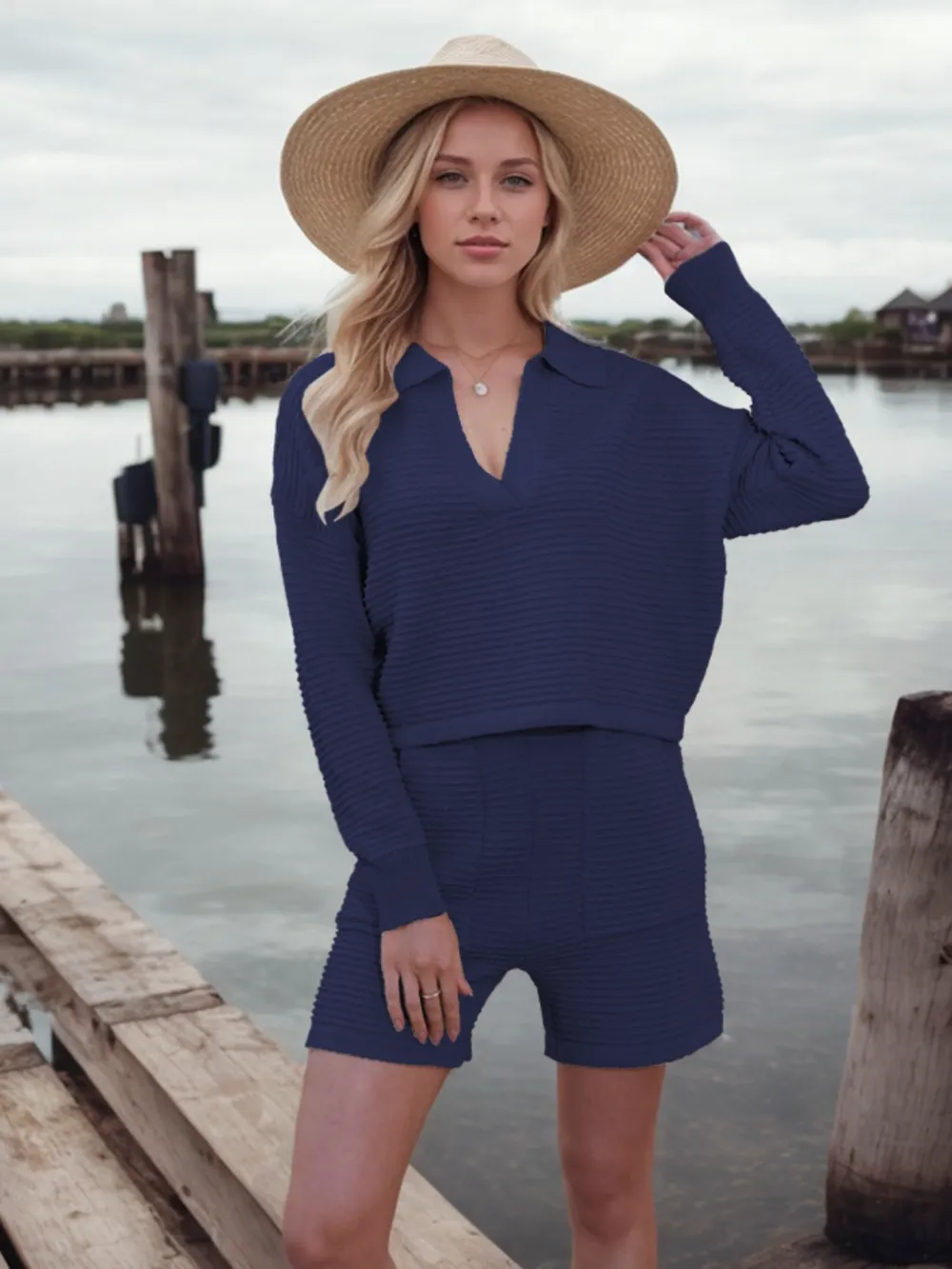 Johnny Collar Long Sleeve Top and Shorts Sweater Set, image 33