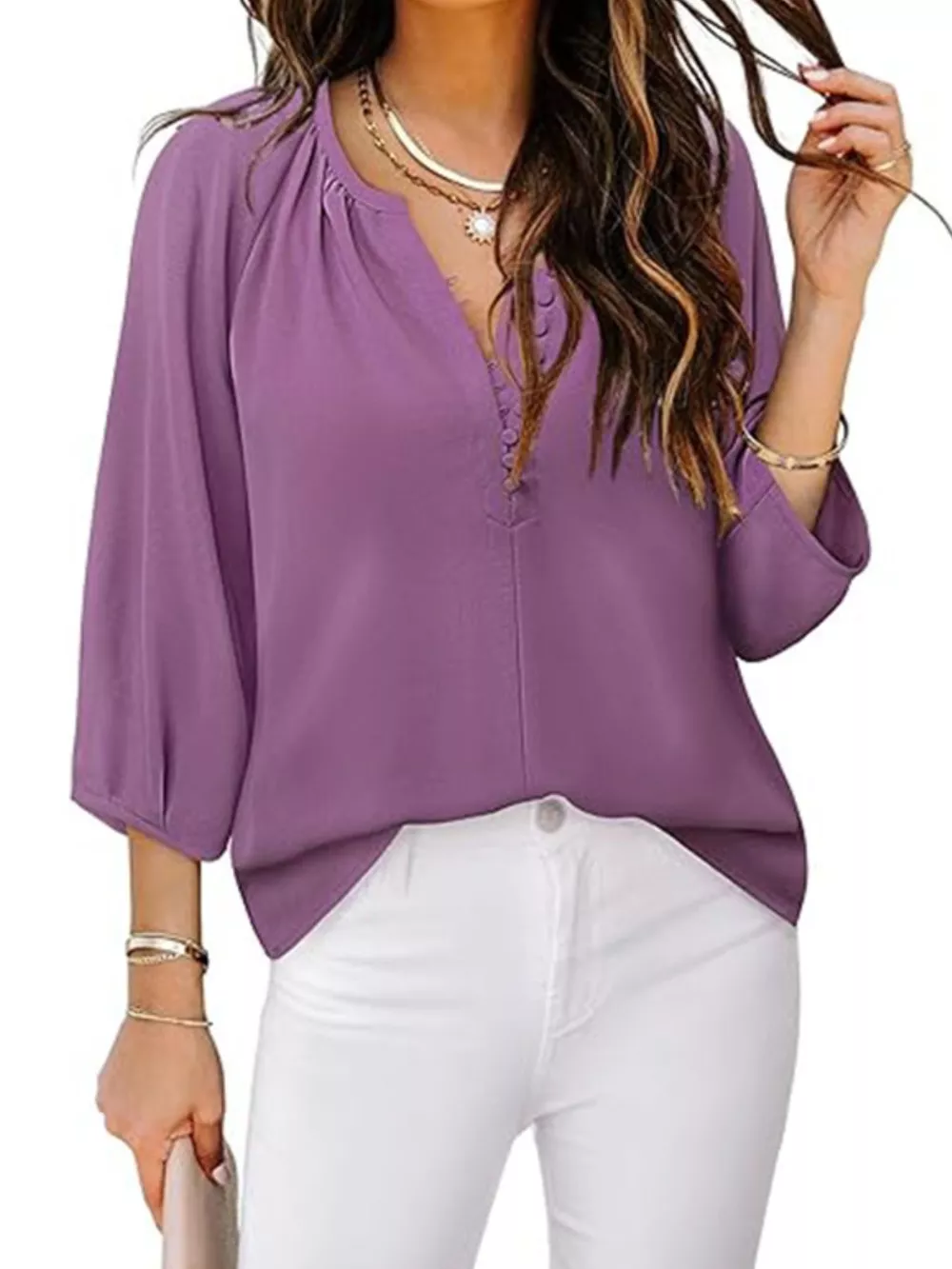 Notched 3/4 Sleeve Blouse