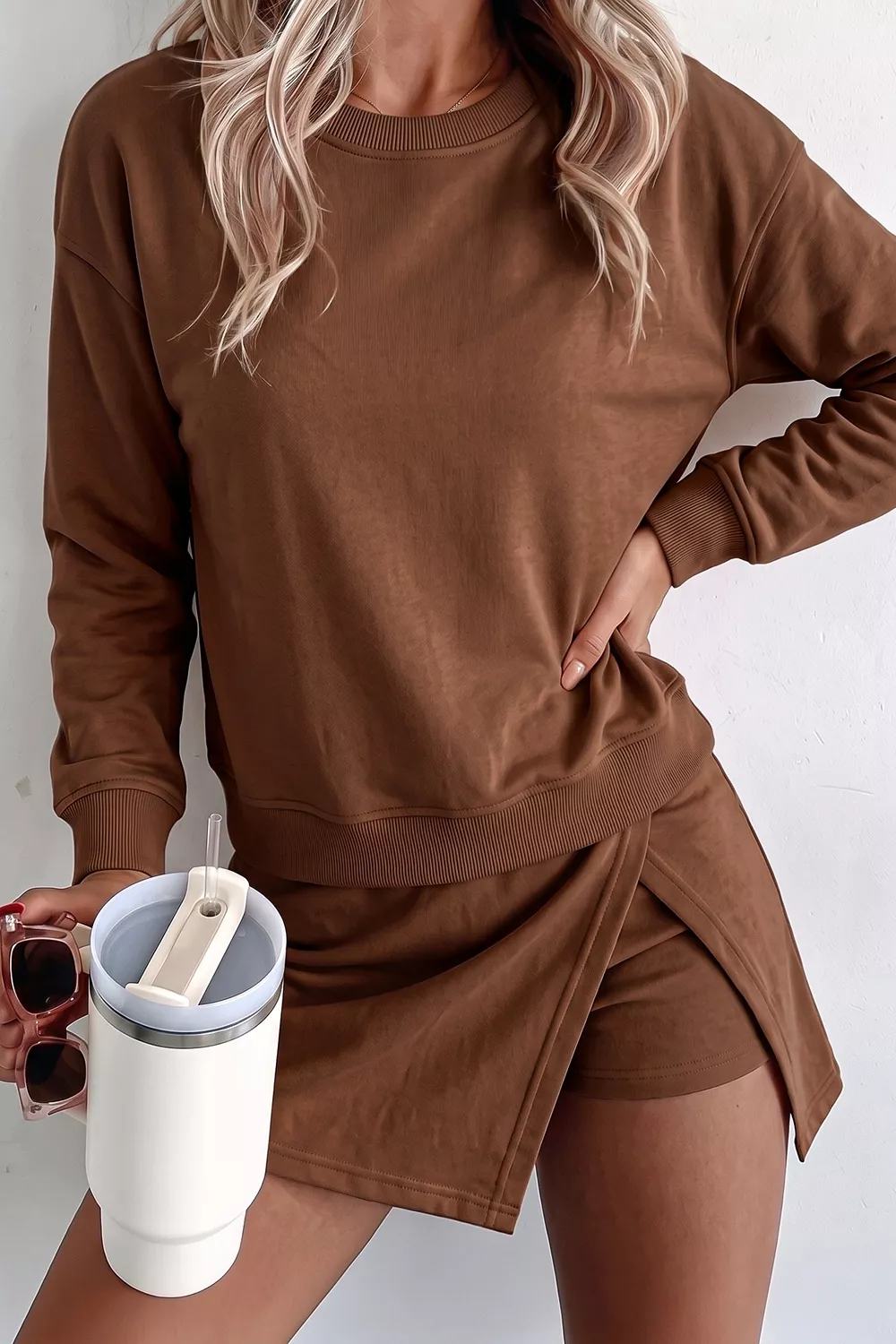 Solid Color Long Sleeve Top Split Skort 2pcs Outfit, image 2