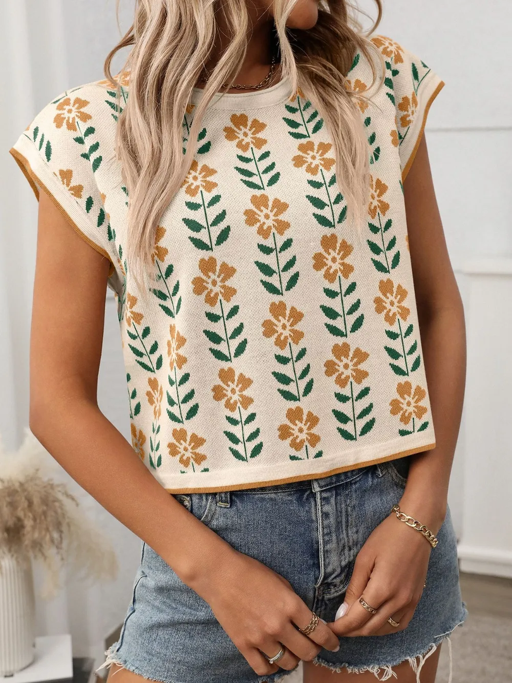 Flower Round Neck Short Sleeve Knit Top, image 5
