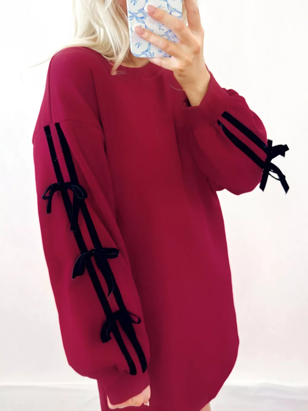 Contrast Striped Bow Detail Drop Shoulder Sweatshirt Dress with Pockets, image 3