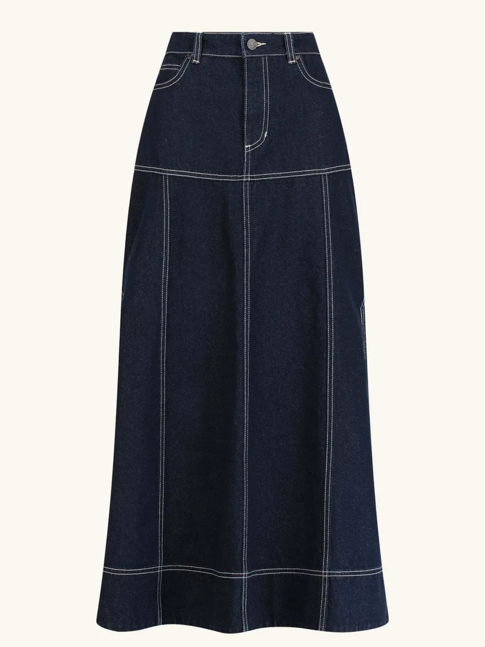 High-Waist Side Slit Contrast Stitch Denim Maxi Skirt, image 2