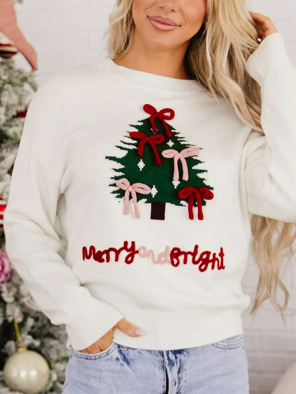 Christmas Tree Bow Drop Shoulder Knit Sweater, image 4