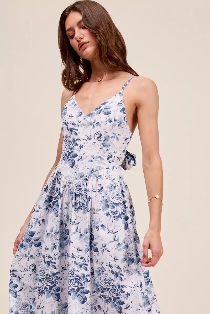 Floral Woven V Neck Dress With Back Ribbon Tie, image 7