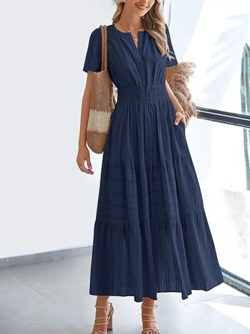 Notched Short Sleeve Tiered Dress, image 10