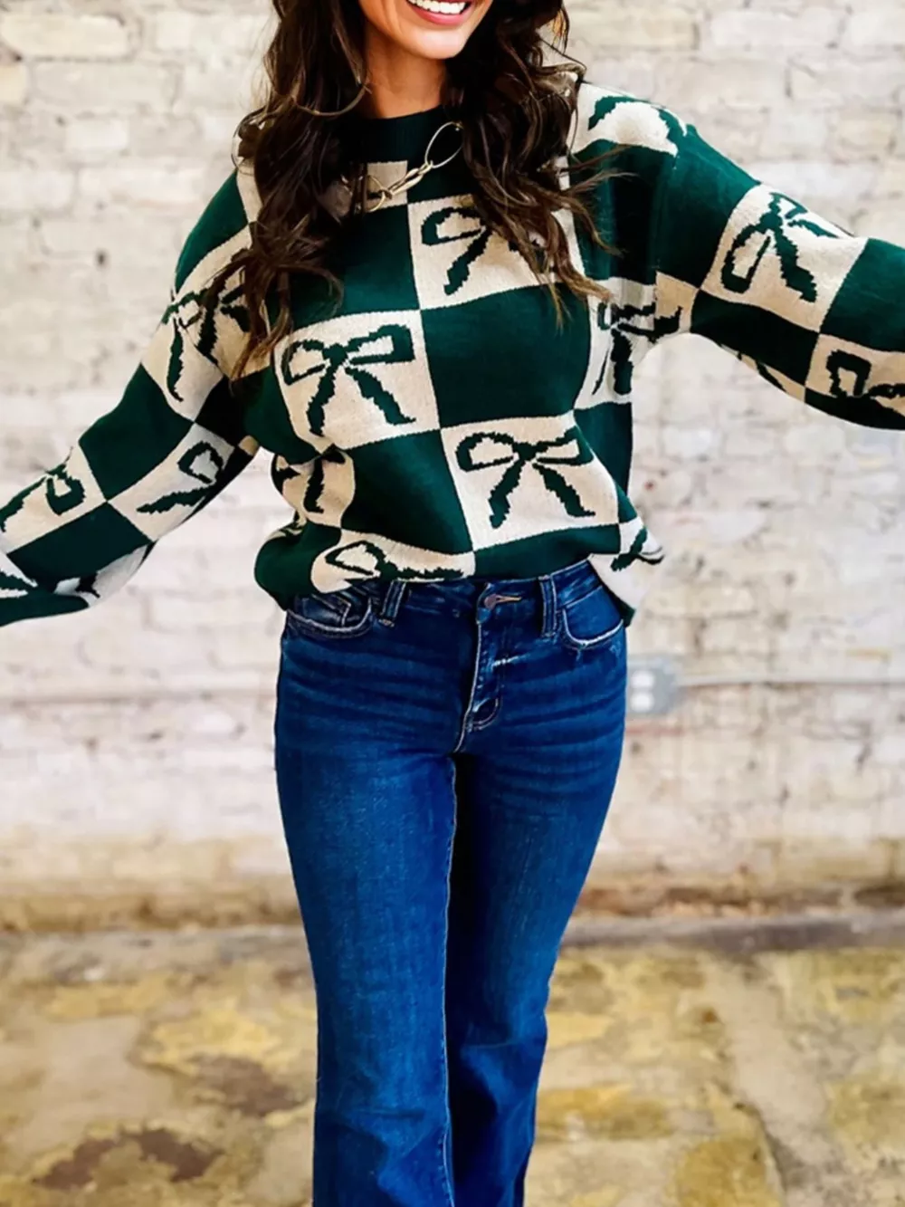 Checkered Bow Round Neck Casual Sweater, image 2