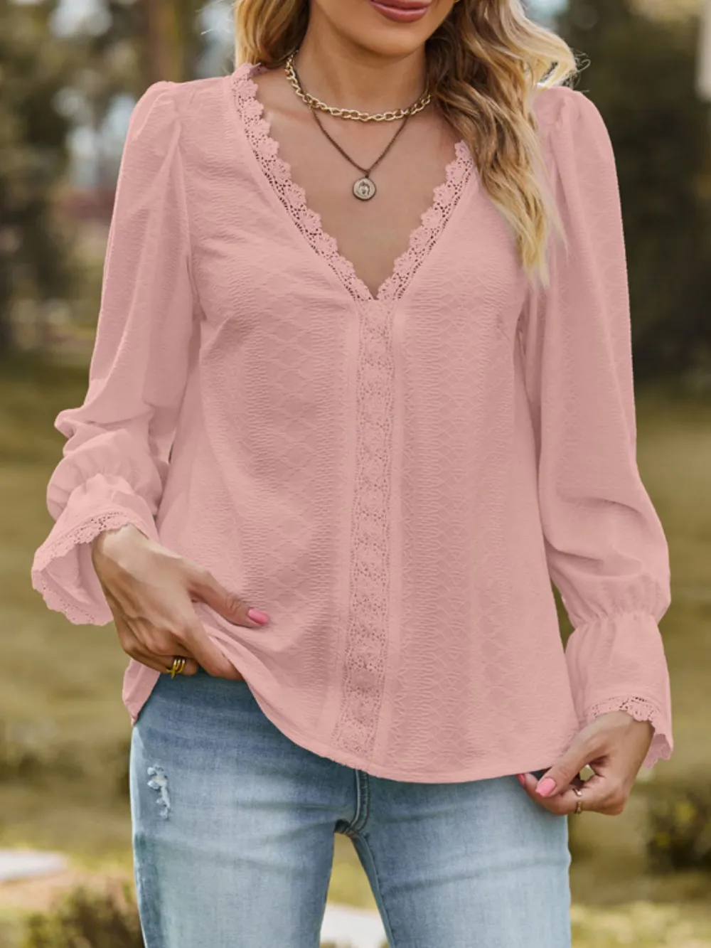 Lace Trim V-Neck Blouse with Flounce Sleeves, image 23