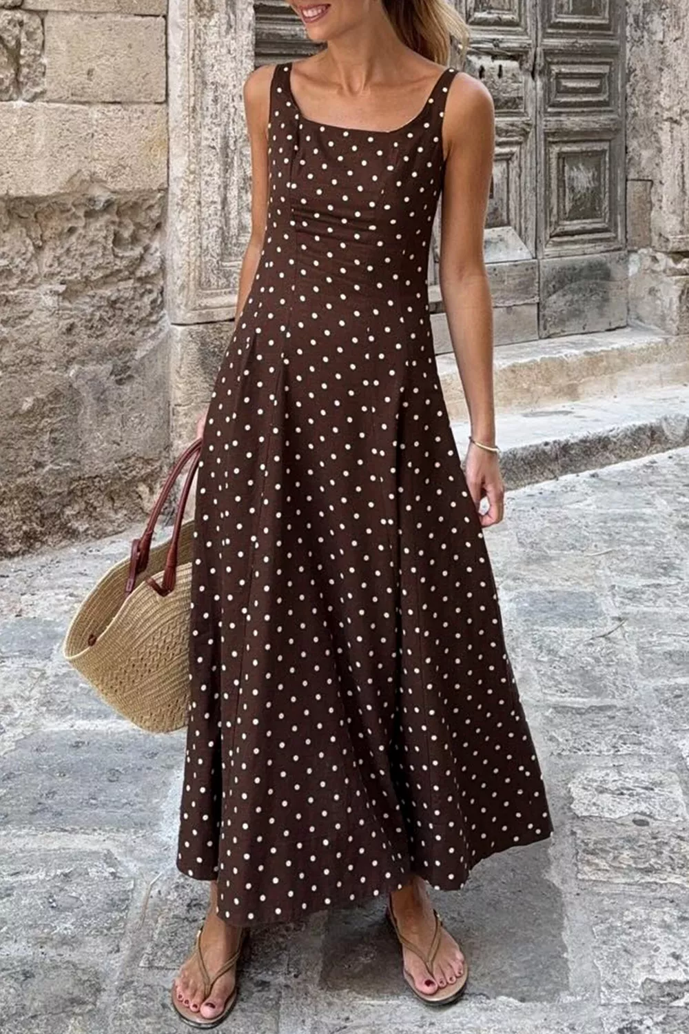 Polka Dot Print Square Neck Sleeveless Vacation Maxi Dress, image 2