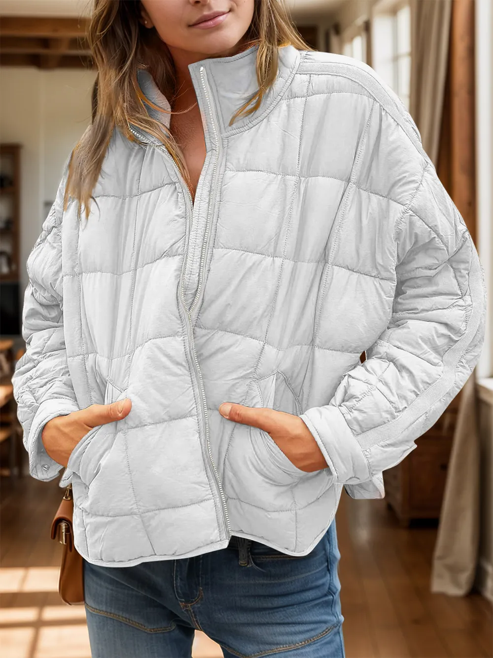 Pocketed Plaid Quilted Zip Up Winter Coat, image 17