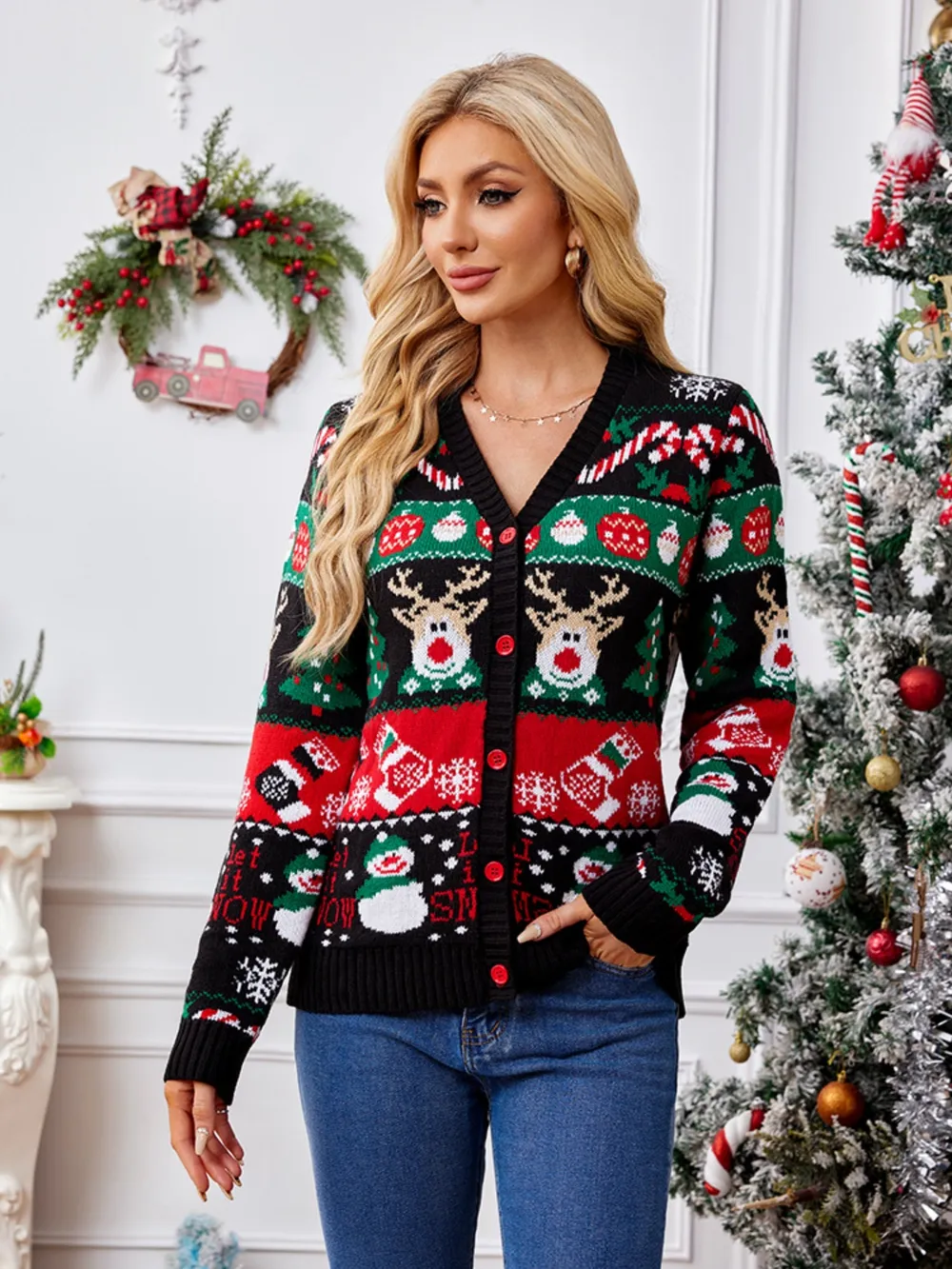 Reindeer Button Up Long Sleeve Cardigan, image 4
