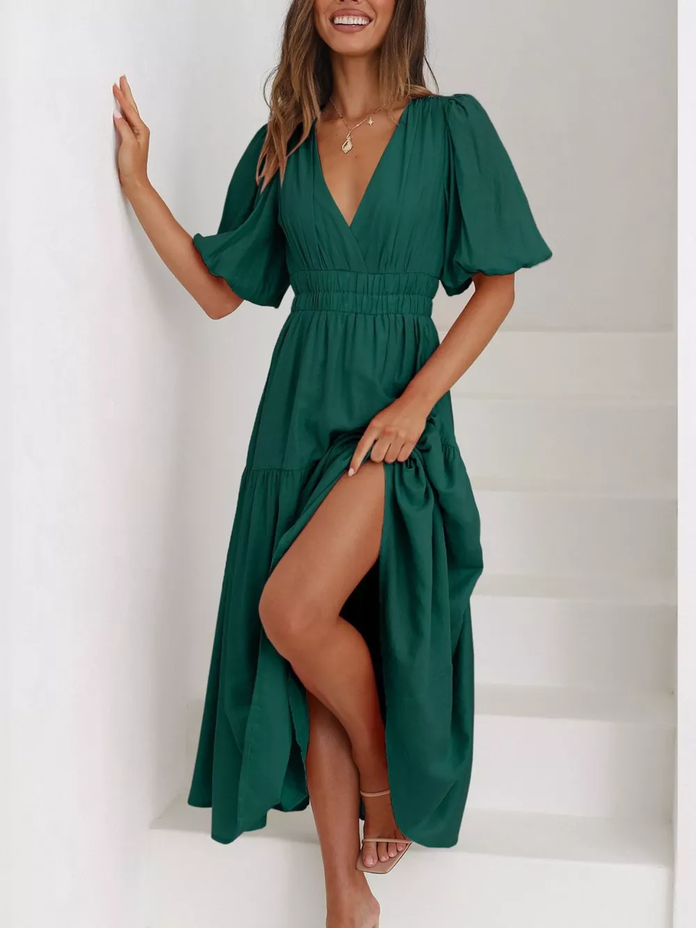 V-Neck Puff Sleeve Midi Dress, image 24
