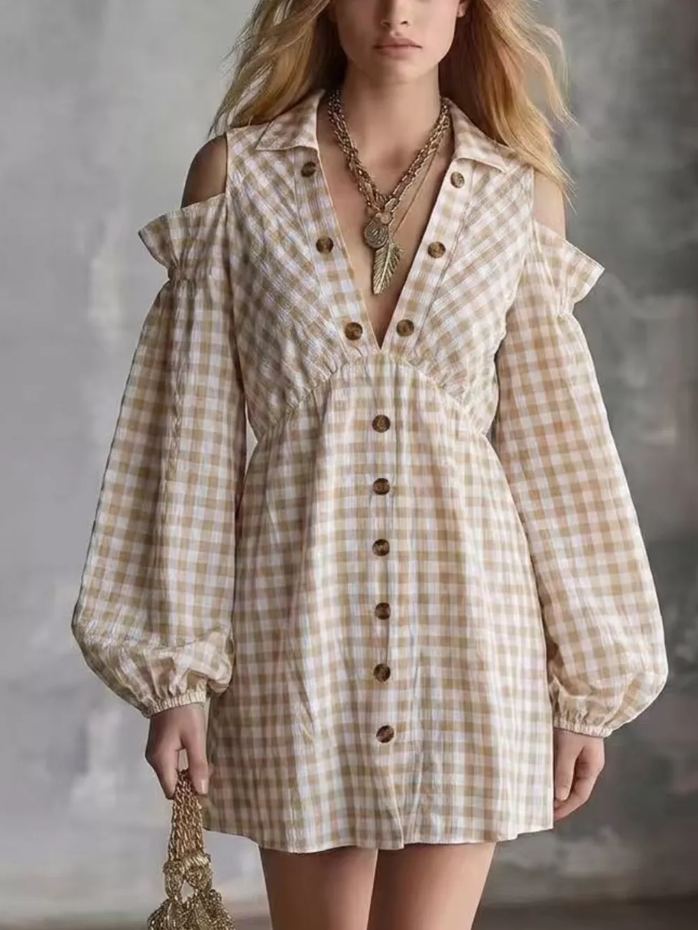 Gingham Cold-Shoulder Mini Dress