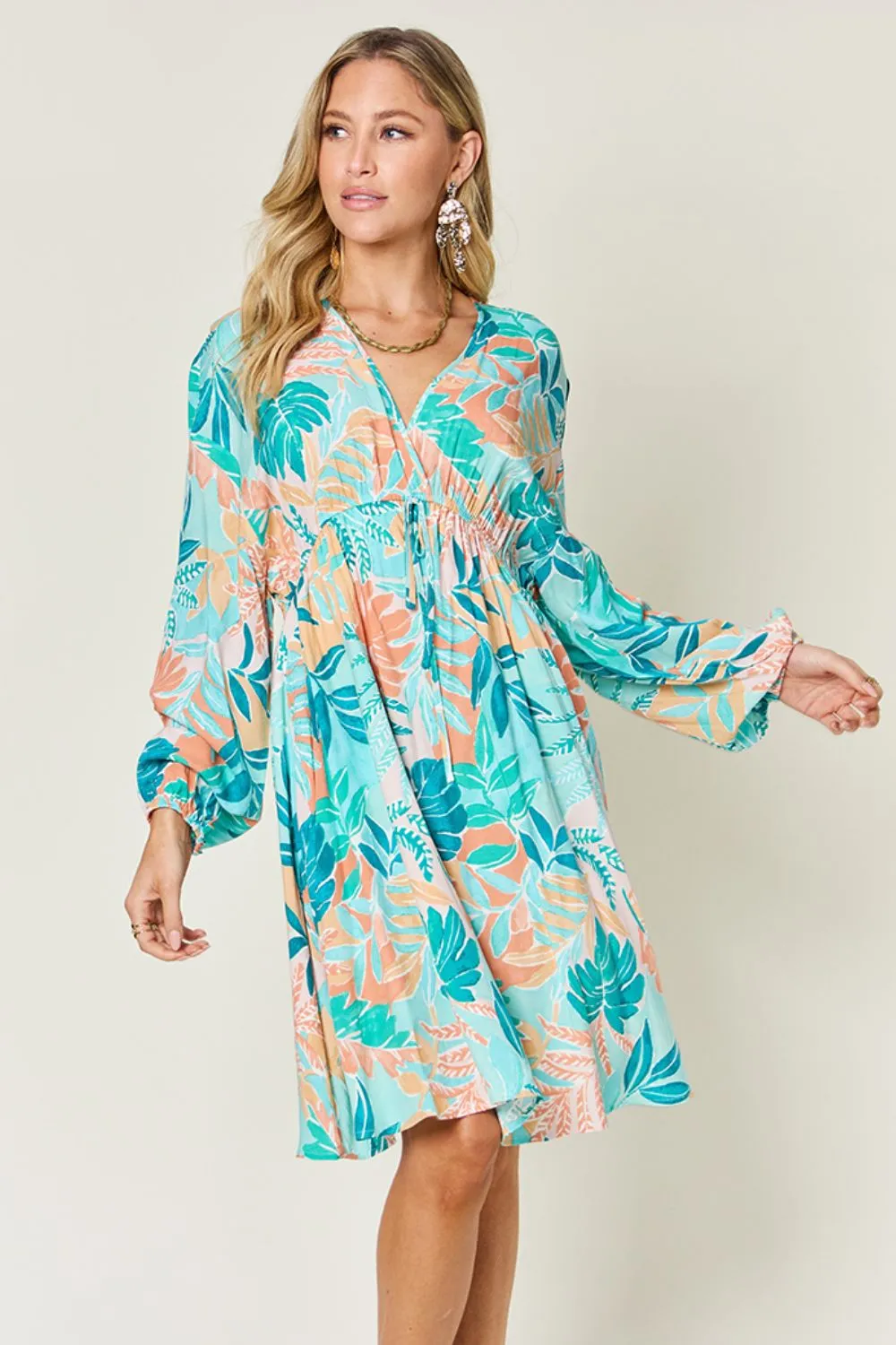 Full Size Printed V-Neck Drawstring Dress, image 3
