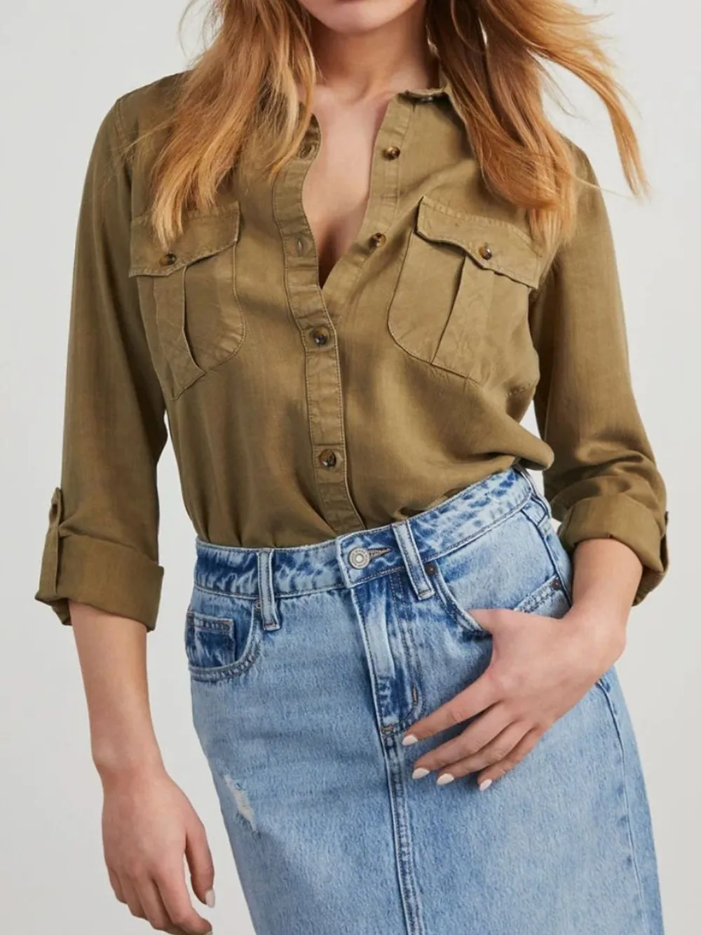 Collared Neck Roll-Tab Sleeve Denim Top, image 5