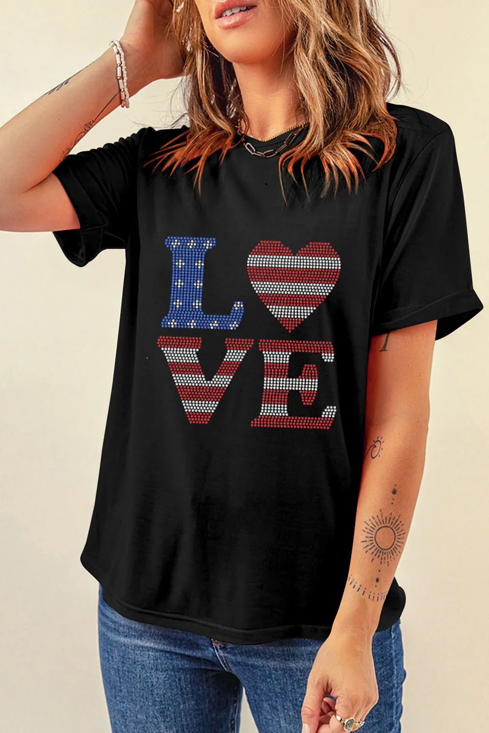Rhinestone Round Neck Short Sleeve T-Shirt, image 2