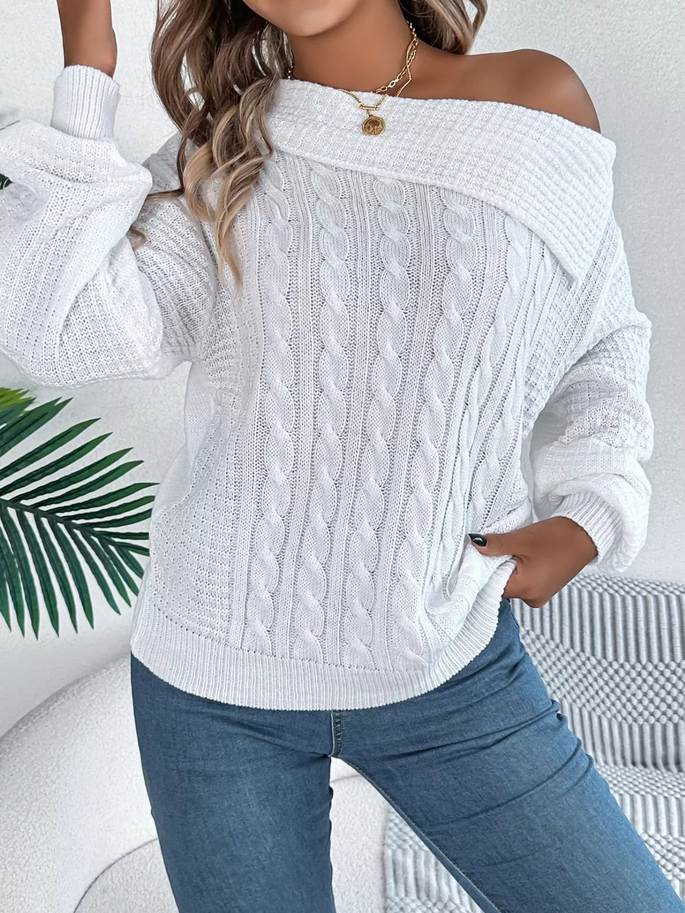 Off-Shoulder Cable Knit Sweater, image 7
