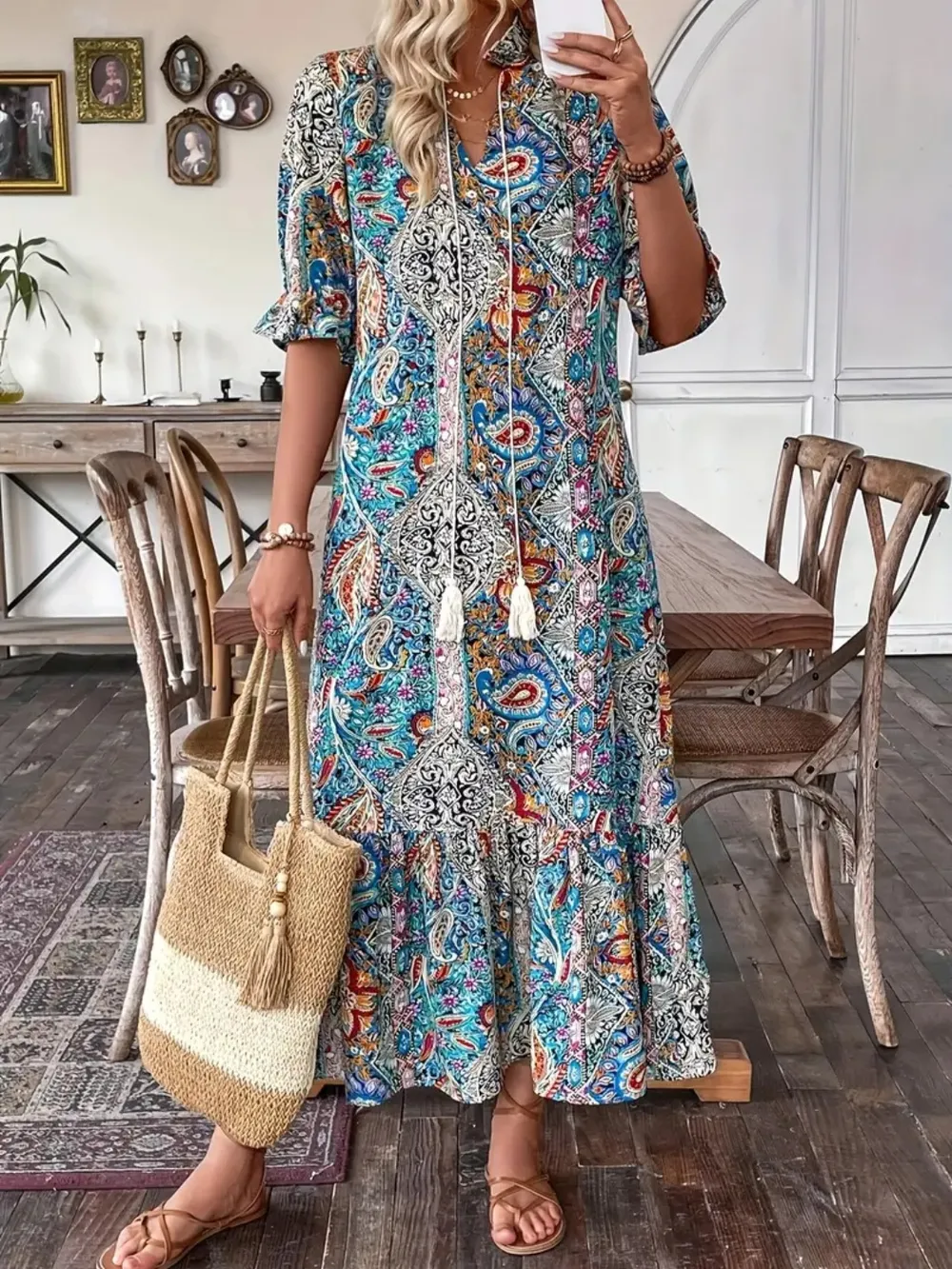 Printed Tie Neck Flounce Sleeve Midi Dress, image 7