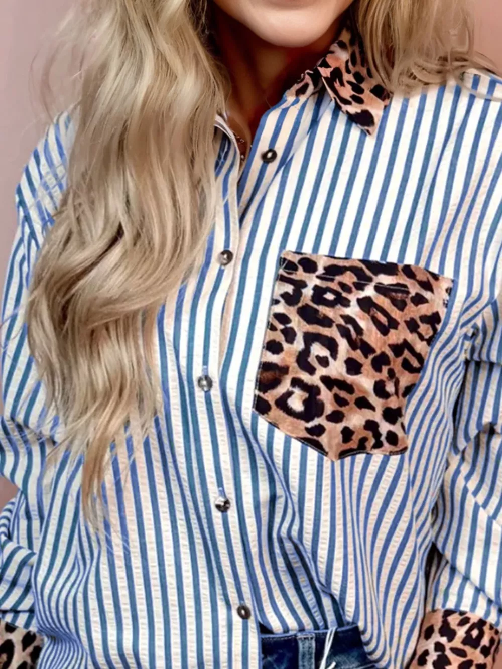 Striped Leopard Print Patchwork Button Up Shirt, image 2