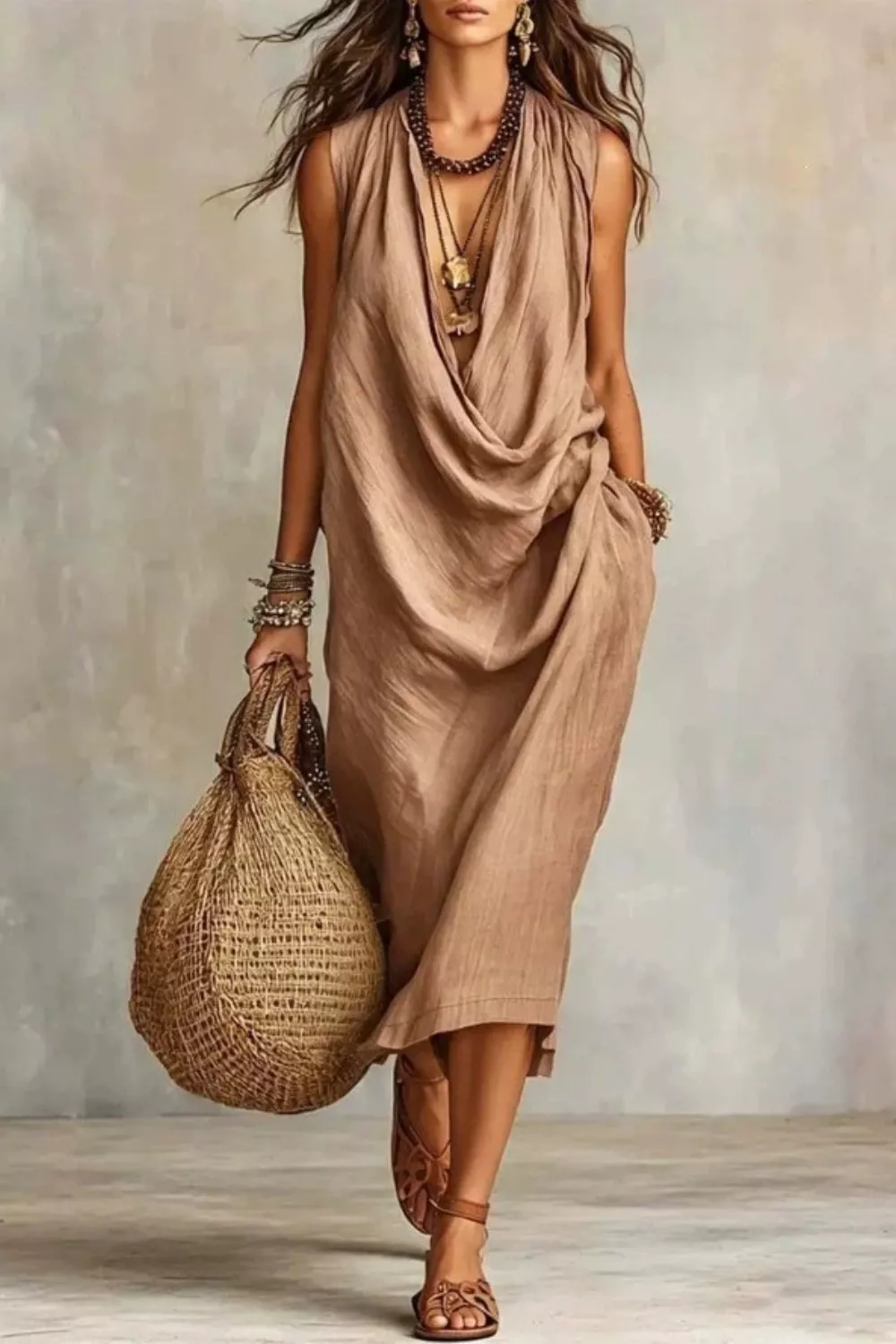 Sleeveless Drape Neck Midi Dress, image 5