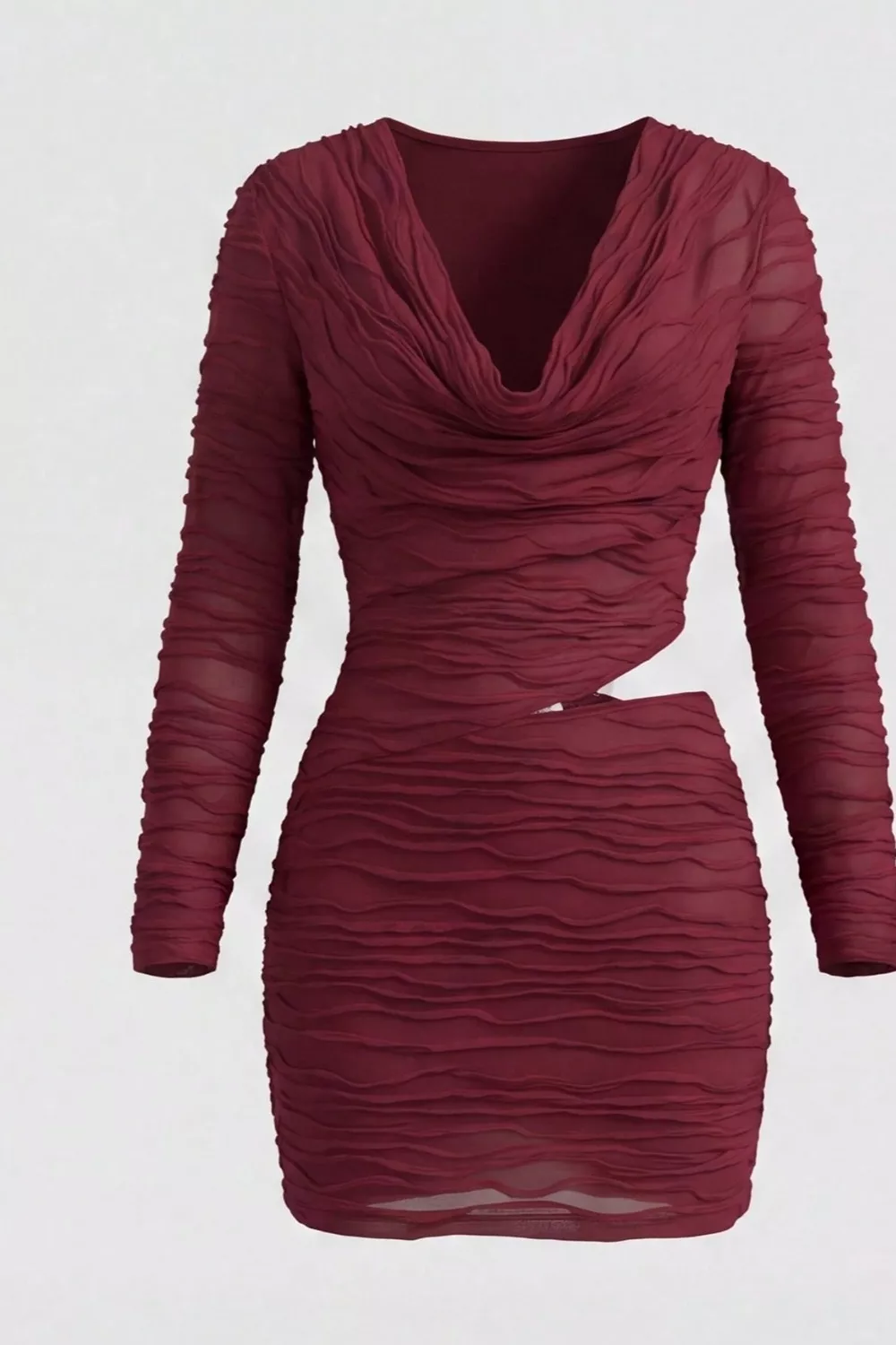 Ruched Cutout Cowl Neck Long Sleeve Mini Dress, image 4