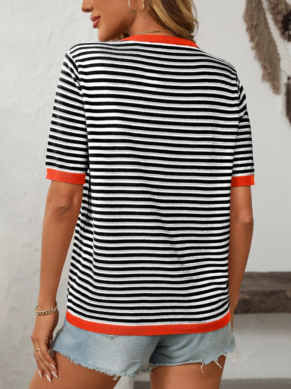 Striped Round Neck Half Sleeve Knit Top, image 11