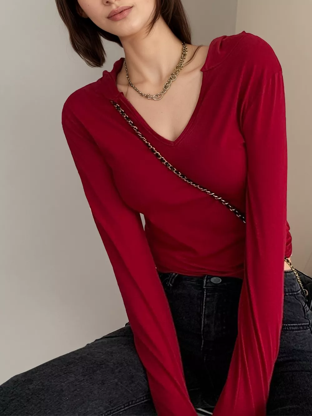 V-Neck Long Sleeve Slim Fit T-Shirt, image 4