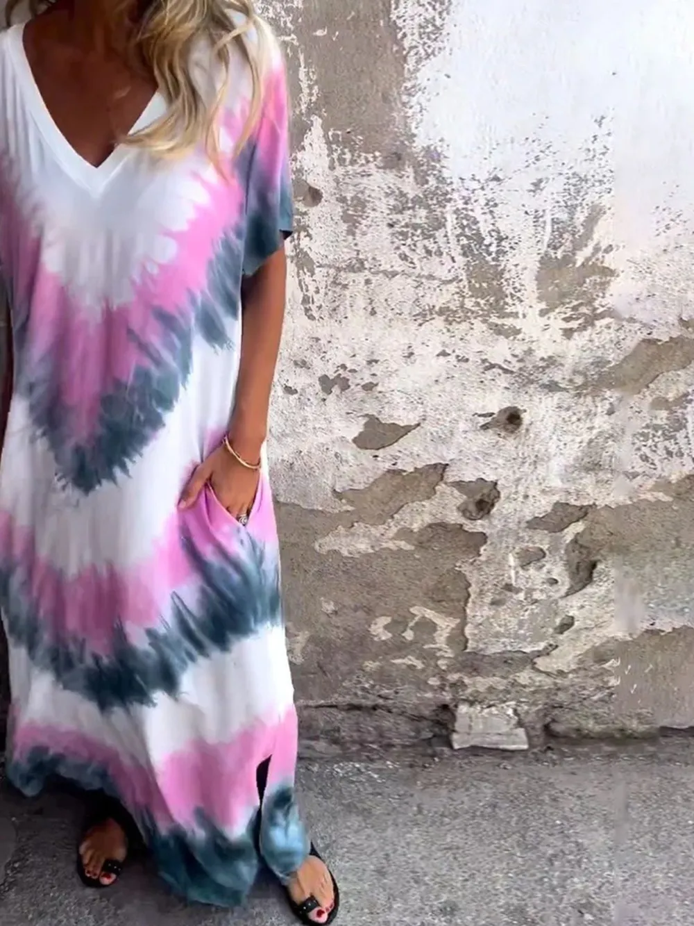 Full Size Tie-Dye V-Neck Midi Dress with Pockets Plus Size, image 6