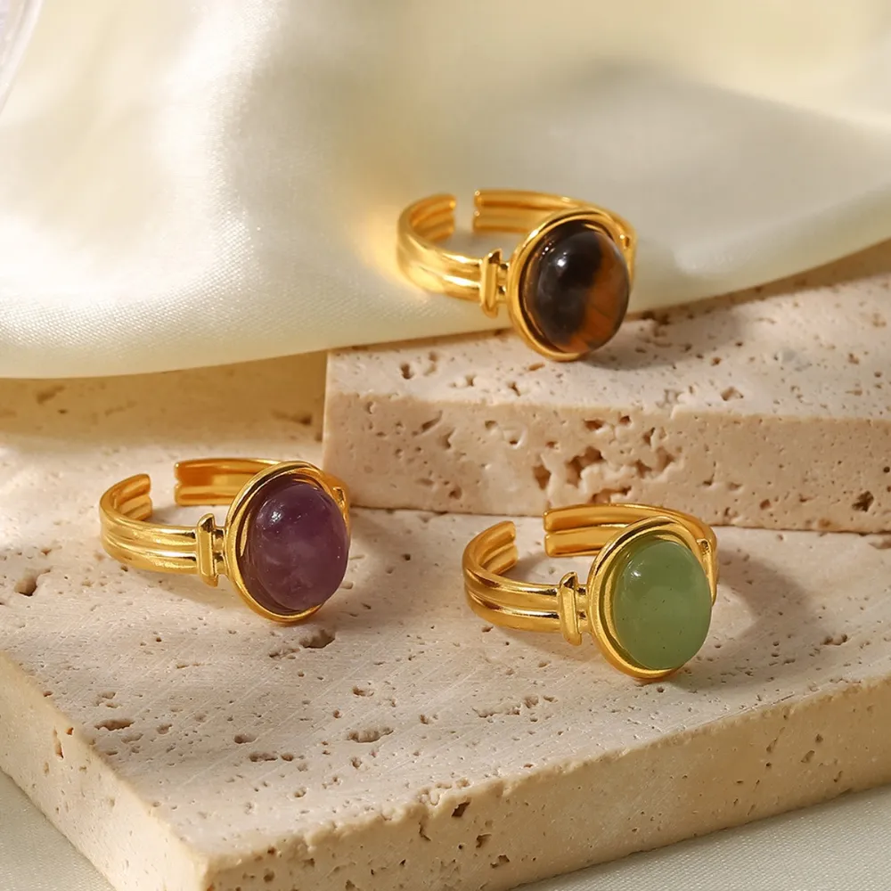 Vintage Natural Stone Gold Plated Adjustable Ring, image 7