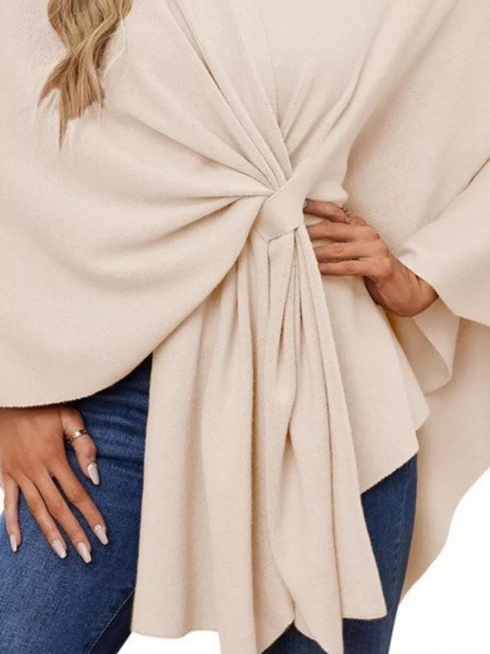 Solid Color Tie-Front Knit Cape Top, image 7