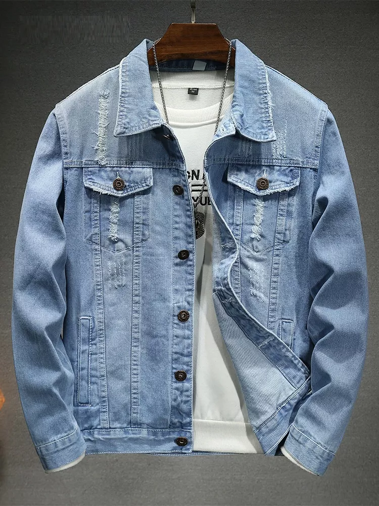 Men's Plus Size Distressed Slim Fit Denim Jacket
