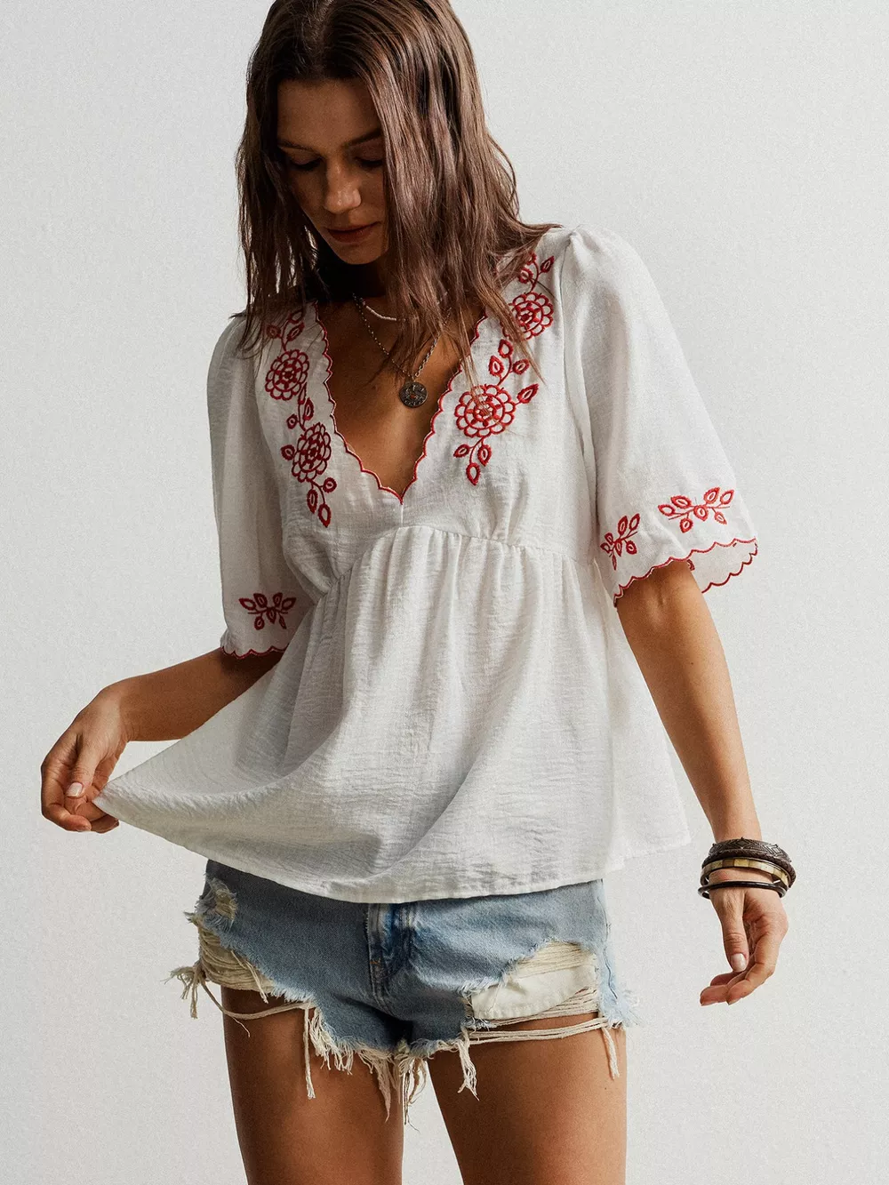 Embroidered Floral V-Neck Blouse, image 6