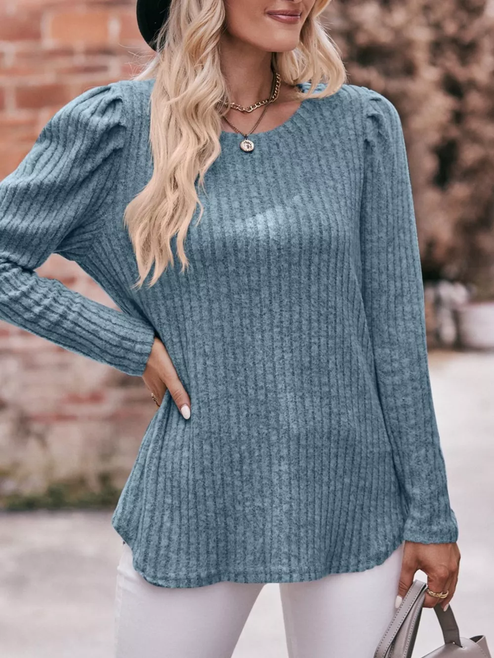 Ribbed Knit Puff Sleeve T-Shirt, image 15