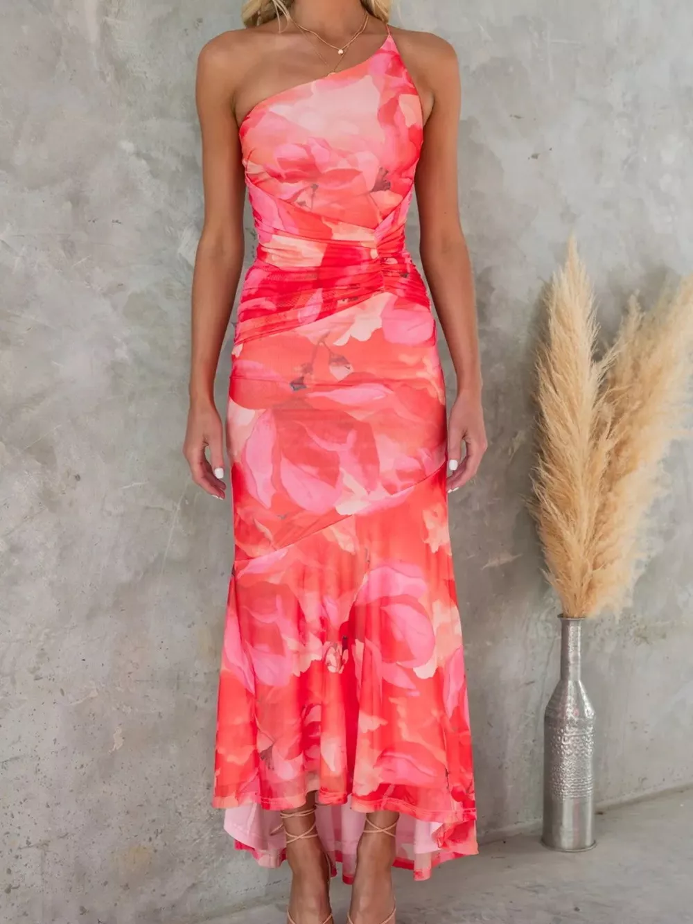 Floral Print One-Shoulder Ruched Maxi Dress, image 8