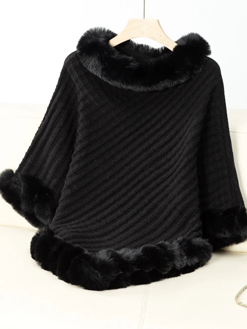 Fuzzy Trim Texture Three-Quarter Sleeve Poncho, image 16